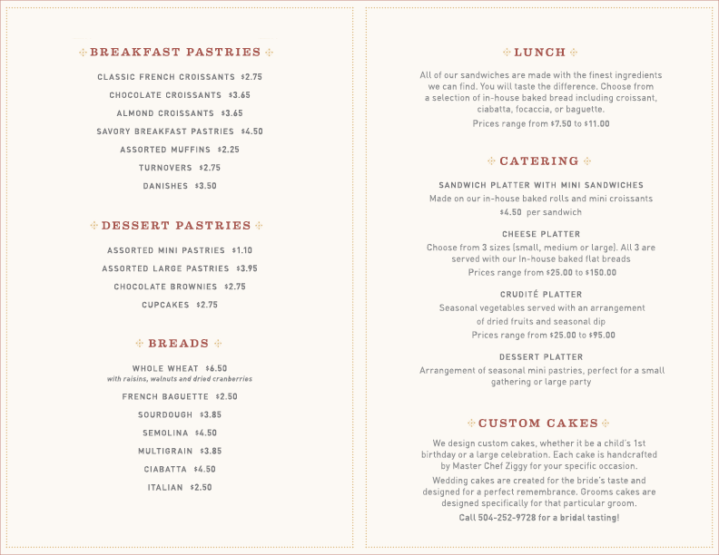 Maple Street Patisserie full menu listing artisan breads, pastries, and sandwiches
